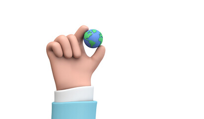 Wall Mural - Cartoon style hand holding a planet earth. Earth day concept. 3D Render