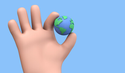 Wall Mural - Cartoon style hand holding a planet earth. Earth day concept. 3D Render