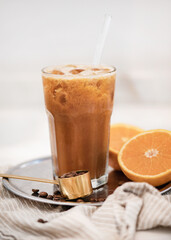 Wall Mural - Iced Coffee and fresh orange juice beverage drink on tray