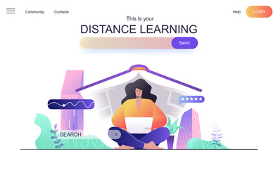 Poster - Distance learning web concept for landing page. Woman studying online, learning using laptop, lectures and lessons on internet banner template. Vector illustration for web page in flat cartoon design