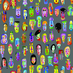 Wall Mural - Large pattern of human faces. Cartoons of people. Funny men and women