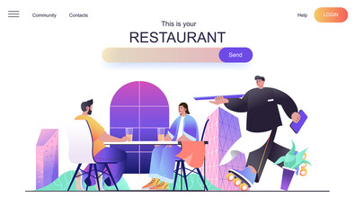 Wall Mural - Restaurant web concept for landing page. Man and woman having dinner, waiter carries menu, romantic date or family evening banner template. Vector illustration for web page in flat cartoon design