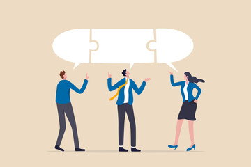 Wall Mural - Compromise to get solution in business meeting, leadership to communicate and connect ideas in brainstorm session concept, smart business people team with connected jigsaw puzzle speech bubble.