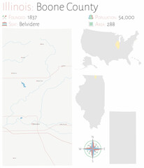  Large and detailed map of Boone county in Illinois, USA.