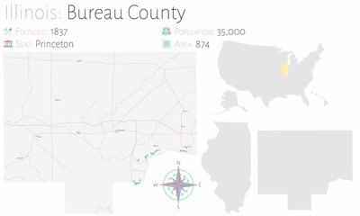  Large and detailed map of Bureau county in Illinois, USA.
