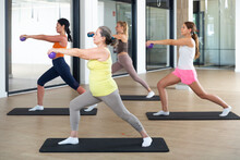 Aerobics Pilates Women With Toning Balls In A Row On Fitness Class