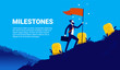 Milestones - Businessman reaching business milestone, walking up hill with flag in hand. Vector illustration