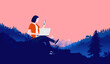 Woman working outside in wilderness - Person with laptop and smartphone working outdoors in nature landscape, 
 with forest and mountains in background. Remote work and freedom concept. Vector