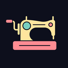 Sticker - Antique sewing machine RGB color icon for dark theme. Collectible equipment with hand crank and treadle. Isolated vector illustration on night mode background. Simple filled line drawing on black