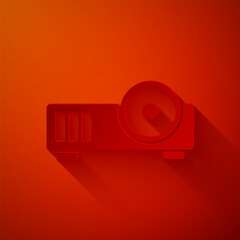 Wall Mural - Paper cut Presentation, movie, film, media projector icon isolated on red background. Paper art style. Vector