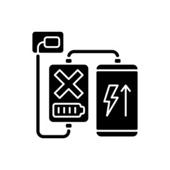 Charging, discharging powerbank black glyph manual label icon. No pass-through charging. Heat build-up. Silhouette symbol on white space. Vector isolated illustration for product use instructions