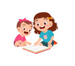 cute little girl read book with baby sister sibling together