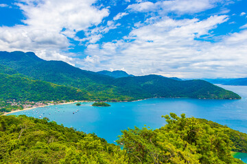 Big tropical island Ilha Grande Abraao beach panorama Brazil.