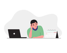 Man Having Boring Weekdays, Waiting For Weekend At The Office Desk With Laptop And Calendar. Vector Illustration Cartoon Flat Style