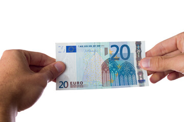 Wall Mural - man holding euro bills on white background