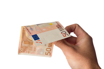 Wall Mural - man holding euro bills on white background