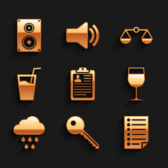 Sticker - Set Clipboard with resume, Key, Document, Wine glass, Cloud rain and Glass water icon. Vector