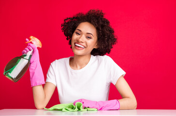 Photo portrait woman laughing polishing dust with cleaning spray isolated vivid red color background