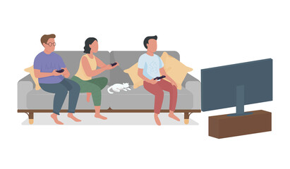 Canvas Print - Family members playing video games semi flat color vector characters. Full body people on white. Spending time together isolated modern cartoon style illustration for graphic design and animation