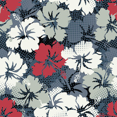hibiscus flowers with halftone screen dots abstract vector seamless pattern