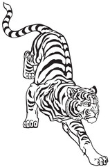 Wall Mural - Peaceful tiger climbing down. Black and white tattoo. Graphic style vector illustration