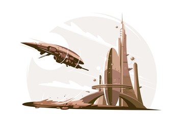 Future architecture and spaceship in air