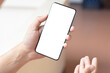 © yozachika - Hand holding and using smartphone with white blank on screen.