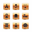© vector_v - Set Hands in praying position, Decree, paper, parchment, scroll, Stage stand or tribune, Church bell, Jesus Christ, Hanukkah menorah, Pentagram circle and icon. Vector