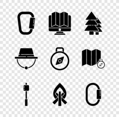 Wall Mural - Set Carabiner, Location of the forest monitor, Tree, Marshmallow stick, Campfire, Camping hat and Compass icon. Vector