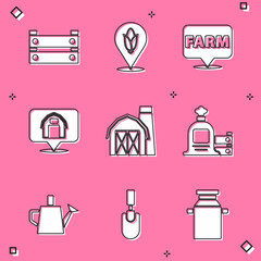 set wooden box, location corn, farm, house, farm, full sack and wooden, watering can and garden trow