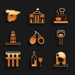 Sticker - Set Castanets, Wine bottle with glass, Spanish woman, Peineta, Aqueduct of Segovia, Agbar tower, cook and Map Spain icon. Vector