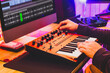 © princeoflove - professional sound designer hands playing and tweaking analog synthesizer keyboard knobs for editing sound in post production studio. sound design concept