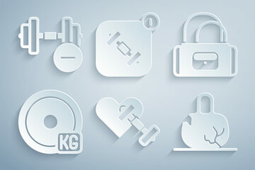 Sticker - Set Dumbbell with heart, Sport bag, Weight plate, Broken weight, Fitness app and icon. Vector