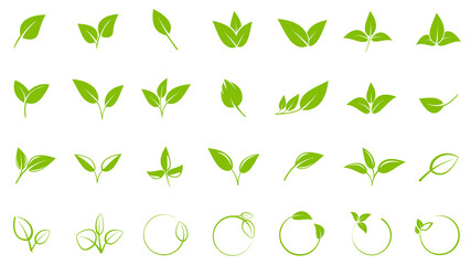 collection of green leaves, design elements for logos or symbols, vector illustration icon set