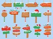 North pole signs. Christmas wooden street signboad with snow. Arrow signpost direction to Santa workshop. Winter holiday toy shop vector set