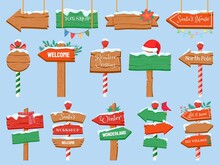 North Pole Signs. Christmas Wooden Street Signboad With Snow. Arrow Signpost Direction To Santa Workshop. Winter Holiday Toy Shop Vector Set