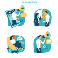 Promotion, advertising, communication, to argue, distance working. Set of business vector illustration.
 