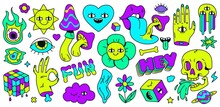 Neon Cartoon Psychedelic Hippy Stickers With Mushrooms And Eyes. Hallucination Elements, Heart, Skull, Emoji And Ok Hand. Groovy Vector Set