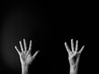 © GrumpyLivesHere - Black and white image of hand demonstrating sign language number nine against black background with empty copy space
