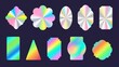 © Tartila - Silver shiny foil holographic stickers geometric shapes. Official product rainbow hologram label and seal. Quality certification vector set