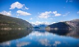 Fototapeta Natura - Sunny blue fjord in Norway