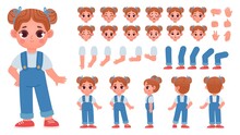 Cartoon Little Girl Character Constructor With Gestures And Emotions. Child Mascot Side And Front View, Body Parts For Animation Vector Set