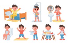 Child morning daily routine with cute cartoon boy character. Kid wake up, do hygiene, brush teeth and sit on potty. Day schedule vector set