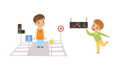 Wall Mural - Little Boy Pedestrian Learning Road Sign and Traffic Rule Vector Set