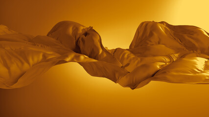 Wall Mural - 3d render. Abstract fashion background with yellow drapery. Silk scarf is blown away by the wind