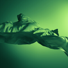 Wall Mural - 3d render. Abstract fashion background with green drapery falling. Silk textile is blown away by the wind