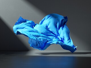 Wall Mural - 3d render. Abstract fashion background with blue fabric cloth falling on the floor inside the dark room illuminated with light. Silk textile is blown away by the wind