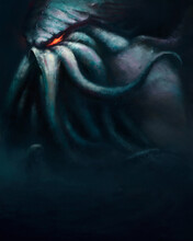The Ancient Giant Sea Monster Cthulhu, Which Has Risen From The Bottom Of The Ocean, Has Many Tentacles On Its Face, Its Eyes Glow With Red Light. 2D Illustration