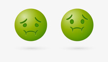 Nauseated Face Emoji With Green Face - Sick Emoticon - Sickly Face Green With Concerned Eyes And Puffed Holding Back Vomit