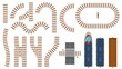 © Tartila - Flat railway and railroad elements top view. Train track map construction, barrier, curved rail roads, locomotive and cargo wagon vector set